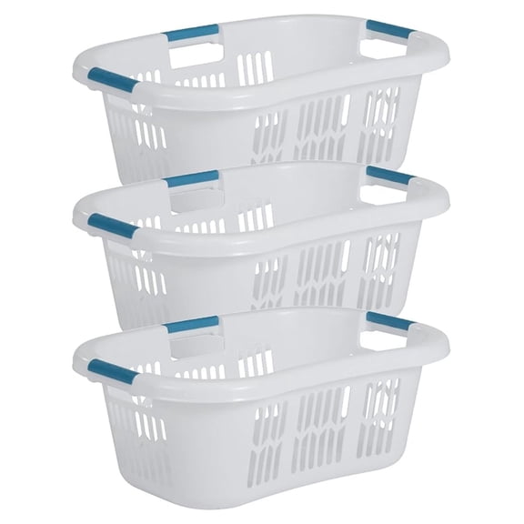 2.1-Bushel Small Hip-Hugger Portable Plastic Laundry Basket with Grab-Through Handles, White (3-Pack)
