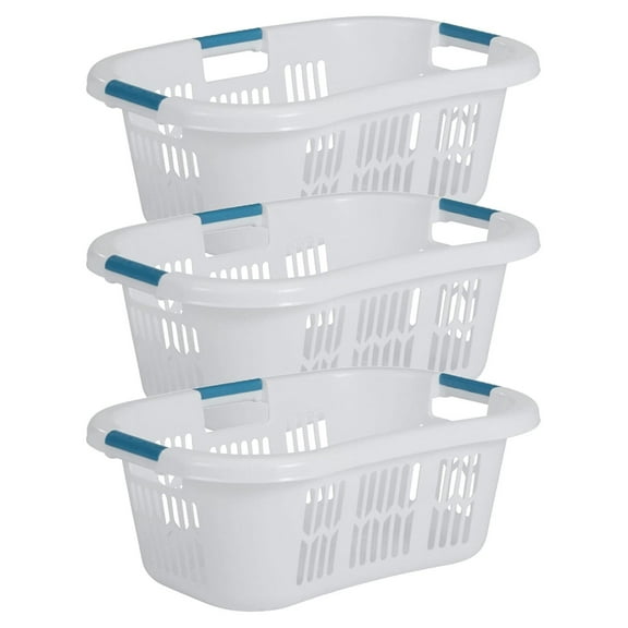 2.1-Bushel Small Hip-Hugger Portable Plastic Laundry Basket with Grab-Through Handles, White (3-Pack)