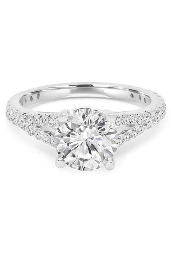 2.1 CTW Round Diamond Split Shank Solitaire Engagement Ring with Accents in 14K White Gold - Size 4.5