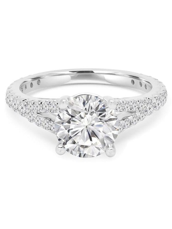 2.1 CTW Round Diamond Split Shank Solitaire Engagement Ring with Accents in 14K White Gold - Size 5.5