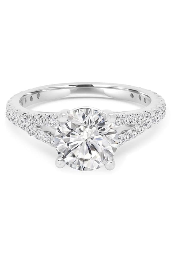 2.1 CTW Round Diamond Split Shank Solitaire Engagement Ring with Accents in 14K White Gold - Size 5