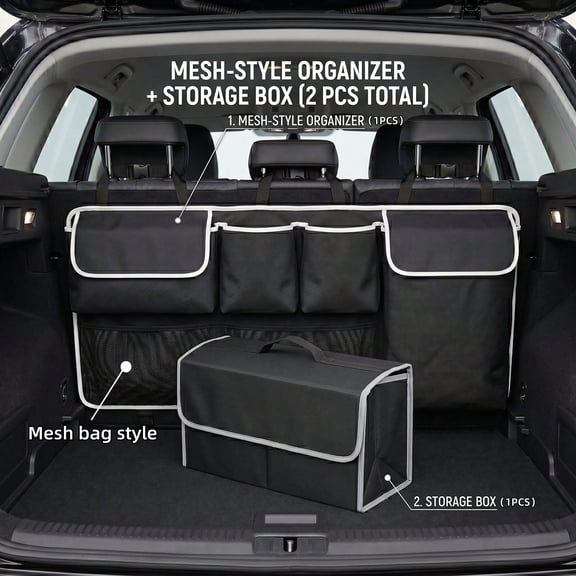 2 In 1 Car Trunk Storage Set, Hanging Backseat Organizer with Multi Pockets + Foldable Cargo Storage Box, Large Capacity Auto Interior Organizer Kit, 1 Set