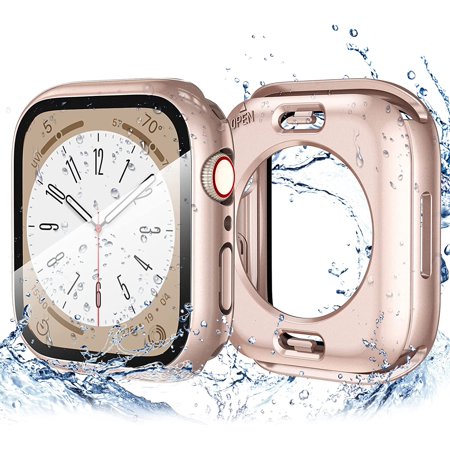[2 in 1] Case for Apple Watch Series 8 & 7 41mm Screen Protector - Hard PC Bumper Frame Built-in Tempered Glass Film Face Cover, 360 Front & Back Protection for iWatch Accessories, Rose Gold