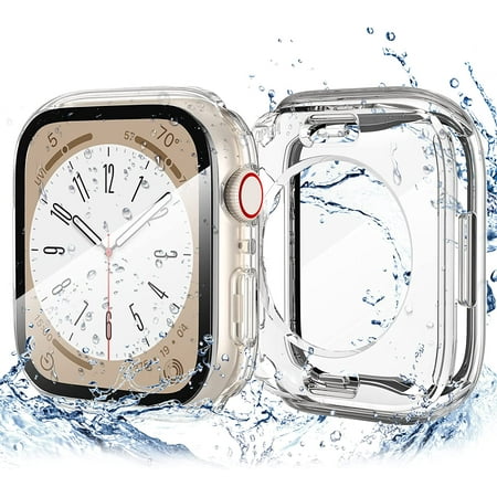 [2 in 1] Case for Apple Watch Series 8 & 7 45mm Screen Protector - Hard PC Bumper Frame Built-in Tempered Glass Film Face Cover, 360 Front & Back Protection for iWatch Accessories, Clear