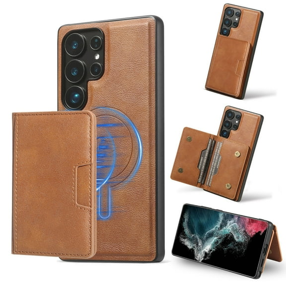 2 In 1 Case for Samsung Galaxy S23 Ultra with Kickstand, Detachable Magnetic PU Leather Wallet Case with Card Holder Slots Kickstand Protective Cover Men Women for Samsung Galaxy S23 Ultra - Brown