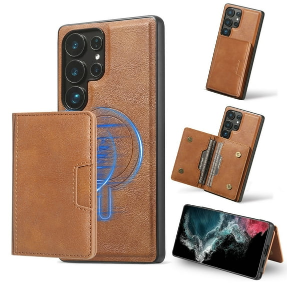 2 In 1 Case for Samsung Galaxy S23 Ultra with Kickstand, Detachable Magnetic PU Leather Wallet Case with Card Holder Slots Kickstand Protective Cover Men Women for Samsung Galaxy S23 Ultra - Brown