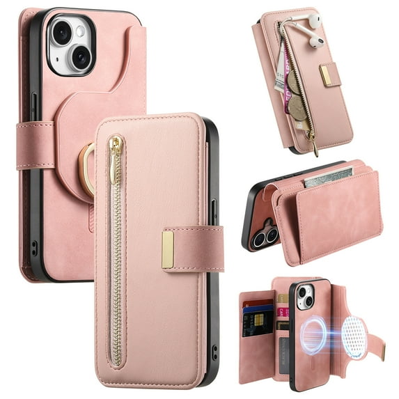 2 In 1 Case for iPhone 15, Rugged Shockproof Heavy Duty Detachable Magnetic Clasp Kickstand Ring Holder RFID Blocking Zipper Pocket Full Body Protection Wallet Case Cover - Pink