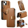 thumbnail image 1 of 2 In 1 Case for iPhone 15, Rugged Shockproof Heavy Duty Detachable Magnetic Clasp Kickstand Ring Holder RFID Blocking Zipper Pocket Full Body Protection Wallet Case Cover - Brown, 1 of 11