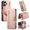 thumbnail image 1 of 2 In 1 Case for iPhone 16, Rugged Shockproof Heavy Duty Detachable Magnetic Clasp Kickstand Ring Holder RFID Blocking Zipper Pocket Full Body Protection Wallet Case Cover - Pink, 1 of 11