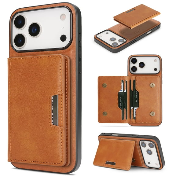 2 In 1 Case for iPhone 17 Pro with Kickstand, Detachable Magnetic PU Leather Wallet Case with Card Holder Slots Kickstand Protective Phone Cover Men Women for iPhone 17 Pro - Brown