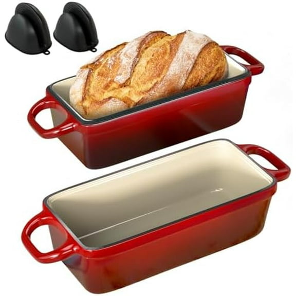 2 IN 1 Cast Iron Bread Loaf Pan with Lid, 3.4QT 9x5 Inch Dutch Oven for Bread Baking, Even Heating Bread Oven, Enameled Bread Pan for Homemade Sourdough Bread Baking & Versatile Cooking, Red