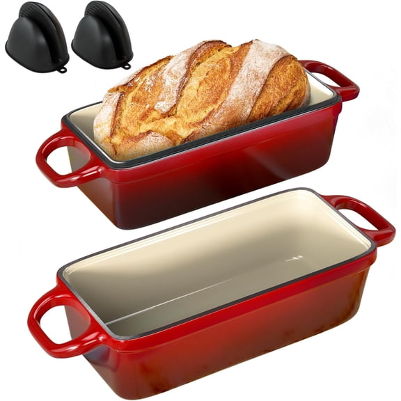 2 IN 1 Cast Iron Bread Loaf Pan with Lid, 3.4QT 9x5 Inch Dutch Oven for Bread Baking, Even Heating Bread Oven, Enameled Bread Pan for Homemade Sourdough Bread Baking & Versatile Cooking, Green