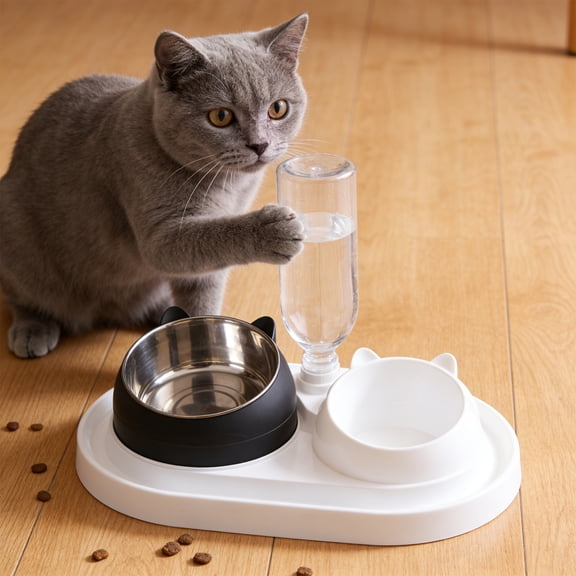 2 in 1 Cat Dog Food and Water Bowl Set, Dual Feeding Station with Tilted Design Neck Support, Non Slip Base Anti Spill Easy Clean Feeding Bowl for Cats and Small Medium Dogs