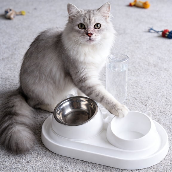 2 in 1 Cat Dog Food and Water Bowl Set, Dual Feeding Station with Tilted Design Neck Support, Non Slip Base Anti Spill Easy Clean Feeding Bowl for Cats and Small Medium Dogs