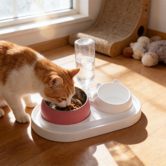 2 in 1 Cat Dog Food and Water Bowl Set, Dual Feeding Station with Tilted Design Neck Support, Non Slip Base Anti Spill Easy Clean Feeding Bowl for Cats and Small Medium Dogs