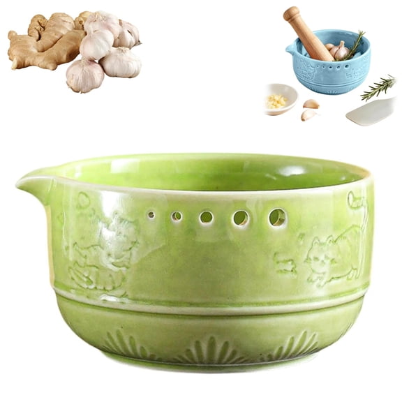 2 in 1 Ceramic Herb Stripper and Garlic Grater Bowl, Cat Design Handmade Pottery Kitchen Tool, Multi Function Grater for Garlic Ginger Herbs Nuts Chocolate (Pink)