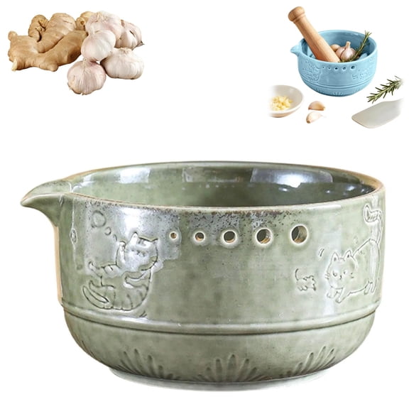 2 in 1 Ceramic Herb Stripper and Garlic Grater Bowl, Cat Design Handmade Pottery Kitchen Tool, Multi Function Grater for Garlic Ginger Herbs Nuts Chocolate