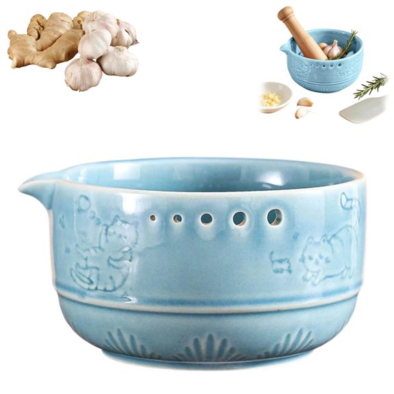 2 in 1 Ceramic Herb Stripper and Garlic Grater Bowl, Cat Design Handmade Pottery Kitchen Tool, Multi Function Grater for Garlic Ginger Herbs Nuts Chocolate