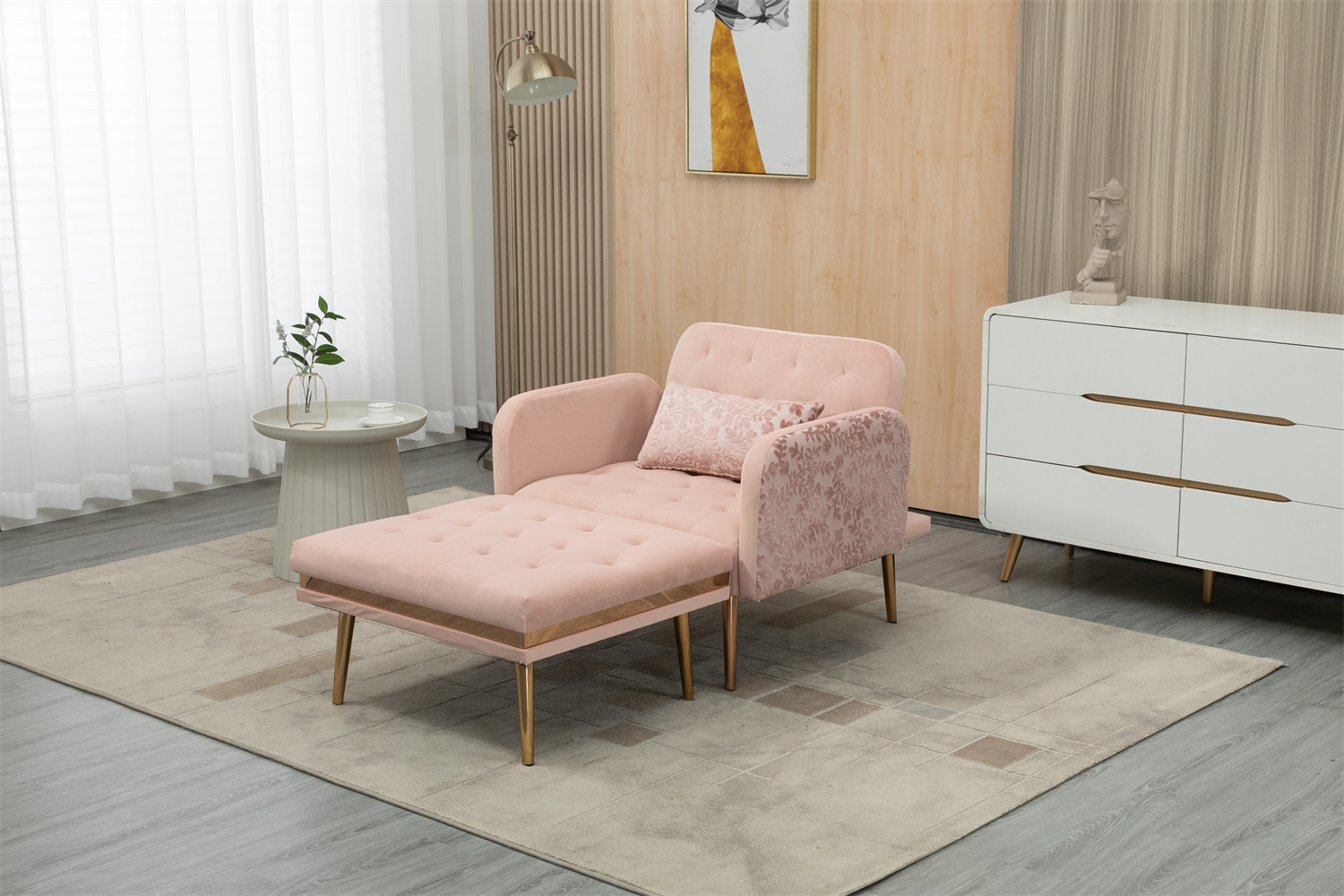2 in 1 Chaise Lounge with Ottoman, Velvet Upholstered Recliner Chair ...