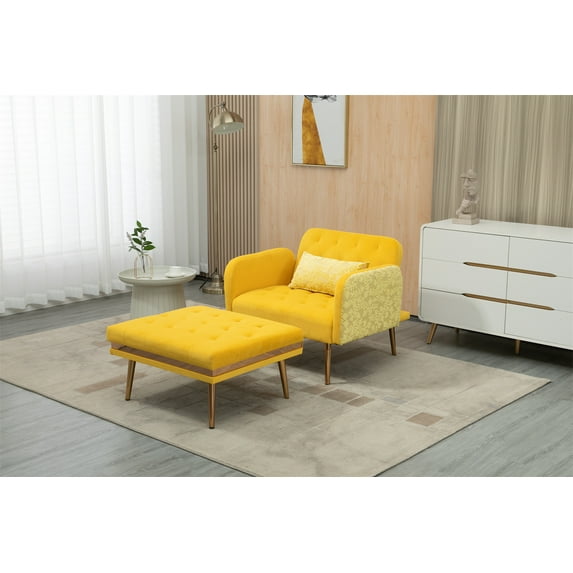 2 in 1 Chaise Lounge with Ottoman, Velvet Upholstered Recliner Chair, Convertible Sleeper Sofa Bed with 3 Reclining Angles and One Pillow, Living Room Accent Chair with Rose Golden Metal Trims, Yellow