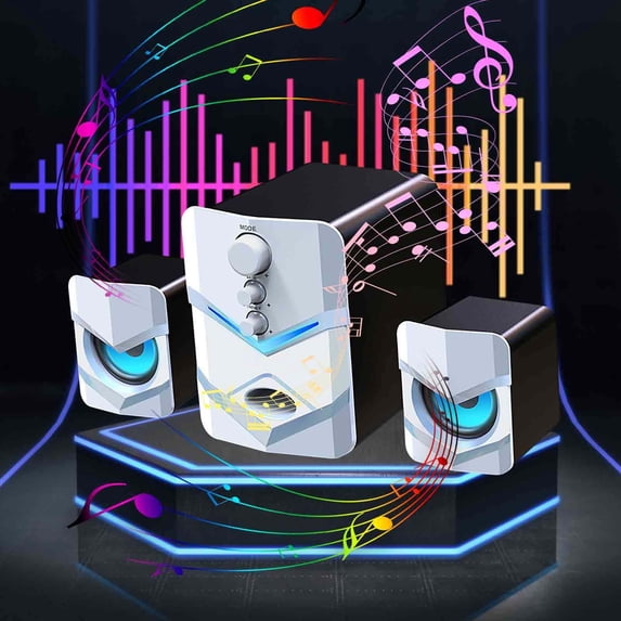 2.1 Channel Bluetooth Computer Speakers, USB Powered Desktop Speakers with Subwoofer & Cool LED Lights, 3.5mm Aux Input for PC Laptop TV Gaming Monitor, Enhanced Bass, Home Office Audio(White)
