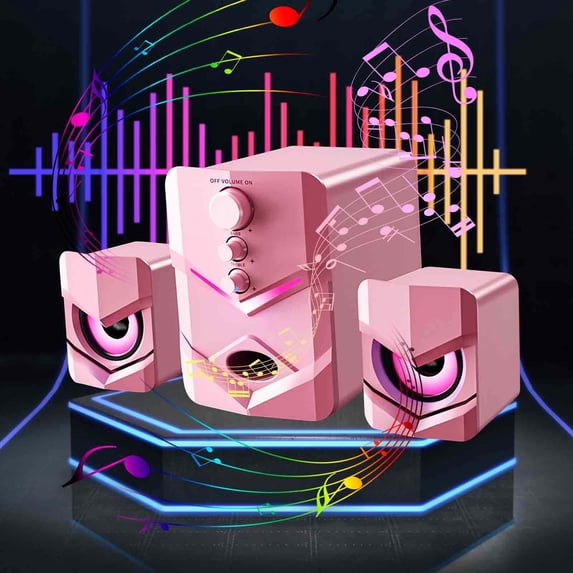 2.1 Channel Bluetooth Computer Speakers, USB Powered Desktop Speakers with Subwoofer & Cool LED Lights, 3.5mm Aux Input for PC Laptop TV Gaming Monitor, Enhanced Bass, Home Office Audio(Pink)