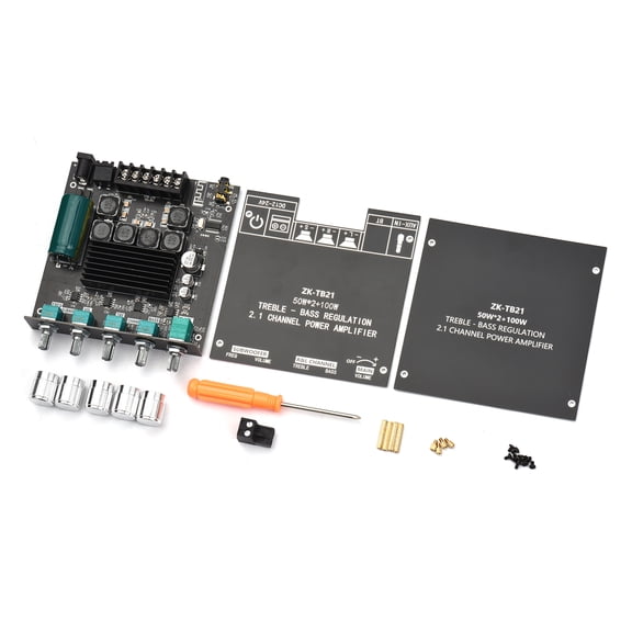 2.1 Channel Subwoofer Power Amplifier Board 50W x 2 and 100W Treble Bass Volume Control DC 12-24V DIY Kit BT Audio Amp Module (5.31 x 4.41 x 1.97 inches / 13.5 x 11.2 * 5 cm)