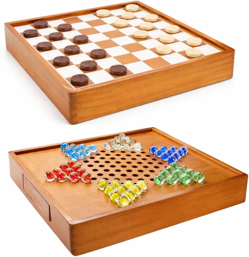 2 in 1 Chinese Checkers and Checkers 12” Golden Wooden Board with Storage Drawer & 60 Colorful Glass Marbles, Classic, Competitive, Strategy Games, Deluxe Checkers and Chinese Checkers Board Game Set