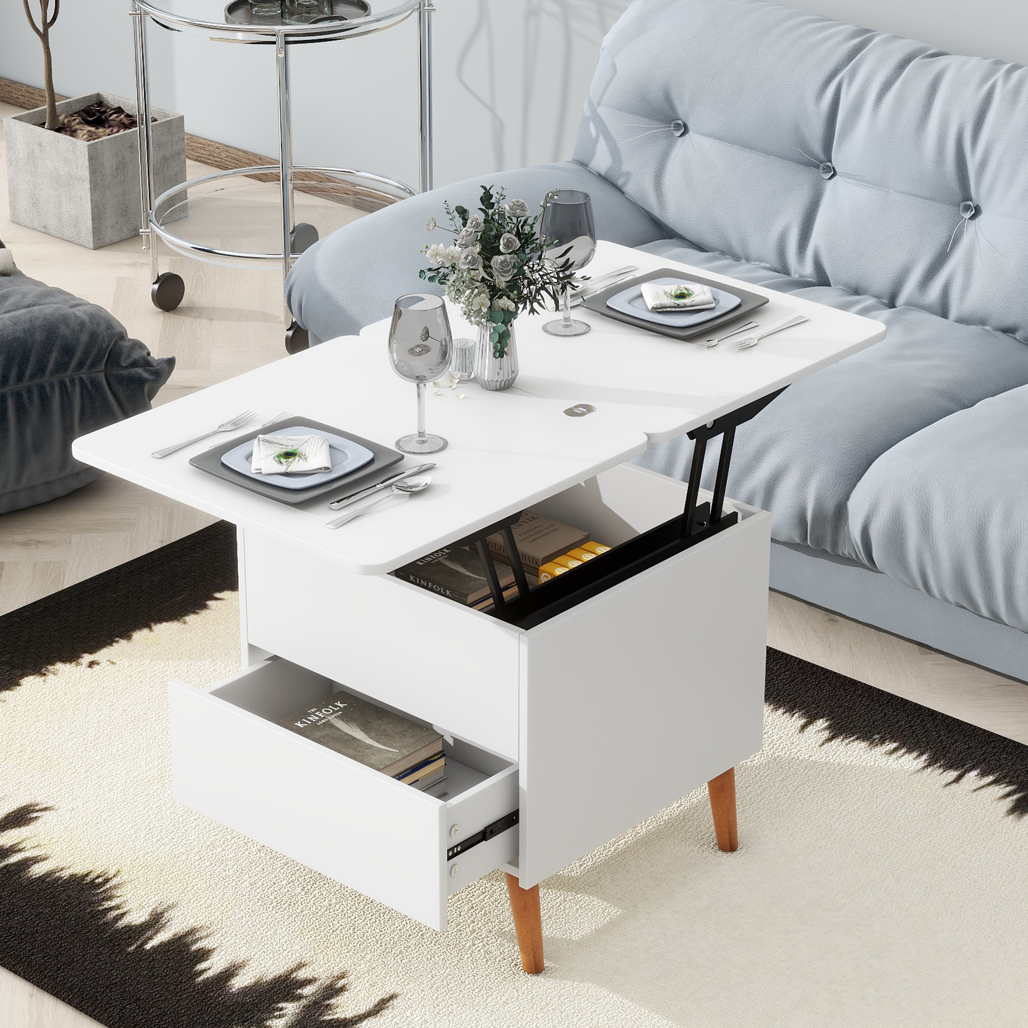 2 in 1 Coffee Table Modern Multifunctional Diningtable with Dual Lift