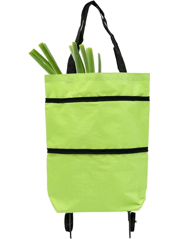 2 In 1 Collapsible Trolley Bags Folding Shopping Bag with Wheels Foldable Shopping Cart Reusable Shopping Bags Grocery Bags Shopping Trolley Bag on Wheels Multifunction Telescopic Bag-Green