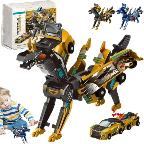 2 in 1 Collision Transforming Dinosaur Car Toy, Dinosaur Transformer Car, Transform into Dinosaurs, Fun Collision Transforming Cars for Boys & Girls Party Favors Golden