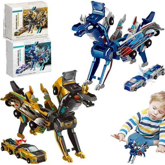 2 in 1 Collision Transforming Dinosaur Car Toy, Dinosaur Transformer Car, Transform into Dinosaurs, Fun Collision Transforming Cars for Boys & Girls Party Favors Blue+Golden