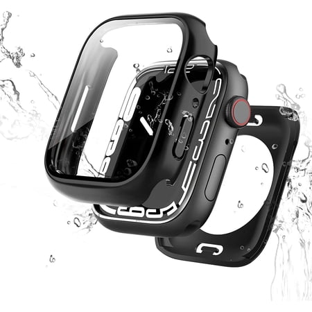 2 in 1 Compatible for Apple Watch Waterproof Case Apple Watch Series 7/8 Screen Protector 45mm with Built-in Tempered Glass Film PC Hard Full Cover Accessories for iWatch Accessories Black