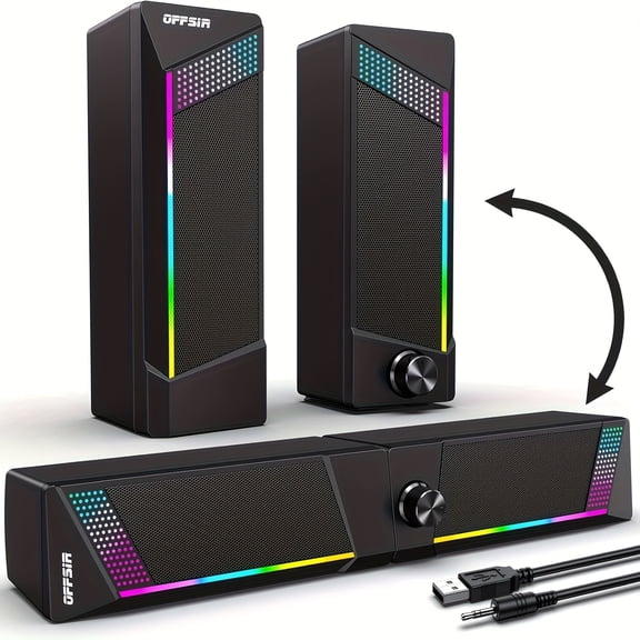2 In 1 Computer Speakers, Wired PC Soundbar, Gaming Speakers for PC Laptop Desktop, Volume Control, Subwoofer, RGB Ambient Light, USB Powered Speaker with 3.5mm Aux