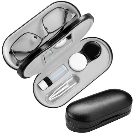 2 in 1 Contact Lens Case, Double Sided Contact Lens Travel Kit Includes Remover Tool with Tweezers, Dual Use Design for Contact Lens Box and Glasses Case, Portable Storage Kit (Black）