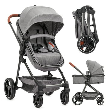 2 in 1 Convertible Baby Stroller, Foldable Infant Pushchair for Newborn, Toddler, High Landscape Foldable Pram with Adjustable Backrest and Canopy, Windproof Foot Cover, 5-Point Harness