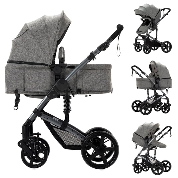 Baby Stroller High Landscape Pram & Lightweight Pushchair Travel Systems with Reversible Bassinet for Newborns and Toddlers,Unisex(GREY)