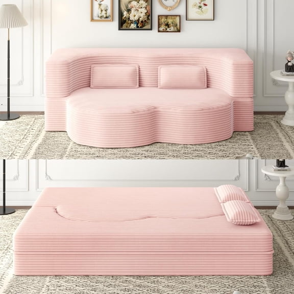 2 in 1 Convertible Compressed Sofa Bed, Modern Boneless Loveseat Sleeper , Floor Mattress Futon Couch, No Assembly Needed, Space Saving, Light Grey, Full, 2 Pillows, for Living Room