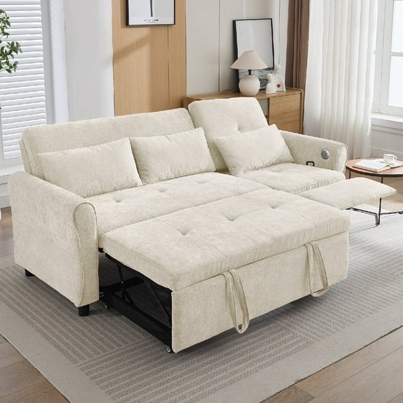 2 in 1 Convertible Sectional Sofa Bed with Charging Station and Reversible Recliner, 3-Seater Chenille Sleeper Couch with Pull Out Bed and Adjustable Backrest for Living Room, Apartment, Beige