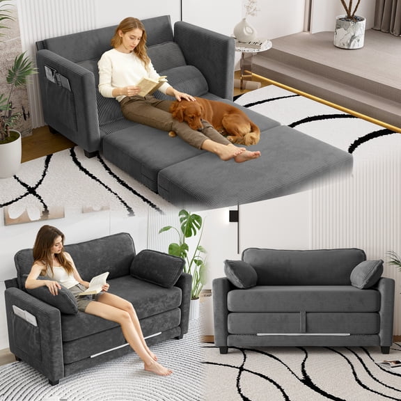 2 in 1 Convertible Sofa Bed, 51" Pull Out Loveseat Couch, Small Sleeper with 2 Pillows and Side Storage, Folding Couch Bed for Living Room Bedroom Apartment (Grey, Corduroy)