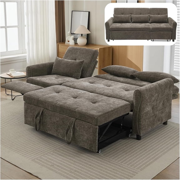 LUCKHAO 2 in 1 Convertible Sofa Bed with Reversible Recliner, 3-Seater Sleeper Couch with Pull Out Bed & Adjustable Backrest for Living Room, Chenille, Dual USB Charging Ports