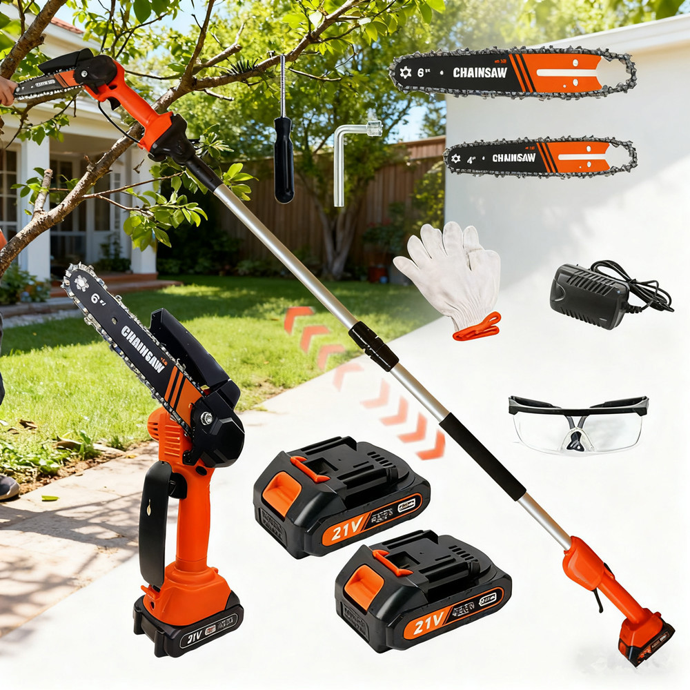 21V Cordless 2-in-1 Pole Saw & Mini Chainsaw Kit – 6-Inch Guide Bar – With Battery, Gloves & Safety Glasses