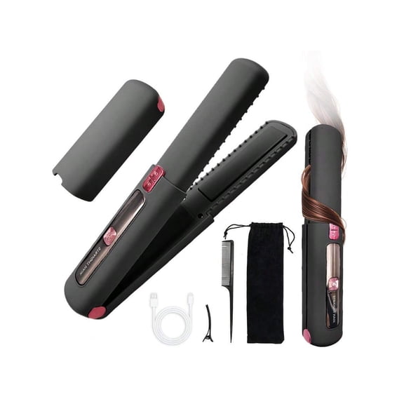 2 In 1 Cordless Curling Iron - Hair Straightener With Comb, Clip, Bag. Hot Tools Curling Iron, Portable Flat Iron, Travel-Friendly Hair Styling Kit, Gifts For Women (Grey)