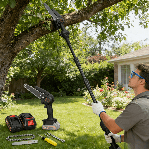 2 In 1 Cordless Pole Saw 71In Max Extension 4In 6In Chains 1500mAh Batteries 80Mins Runtime Brushless Motor 32.8Ft/s Chain Speed 500W Tree Trimming Mini Chainsaw Garden Yard Farm Tool Kit Heavy Duty
