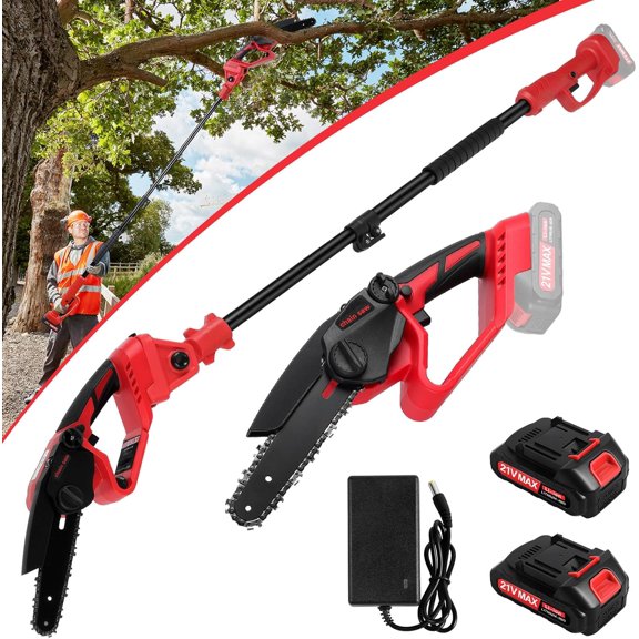 2 in 1 Cordless Pole Saw & Mini Chainsaw, 6-inch Brushless Electric Chain Saw with 2 x 2.0Ah Battery, 4.9-7.5ft Adjustable MAX Reach Pole Saw for Tree Pruning (Red-2in1)