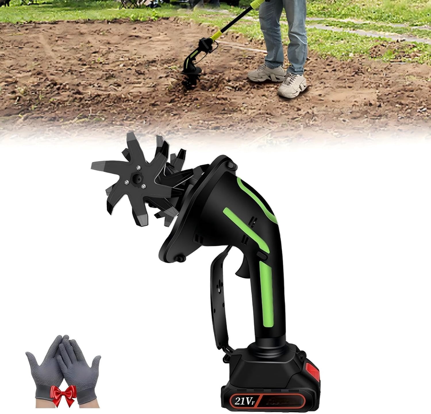2 in 1 Cordless Tiller and Cultivator with Extension Pole, 20V Lightweight Handheld Battery Tiller Cultivator for Garden, Flower Beds, Weeding, Trenching, Battery Included (No Battery)