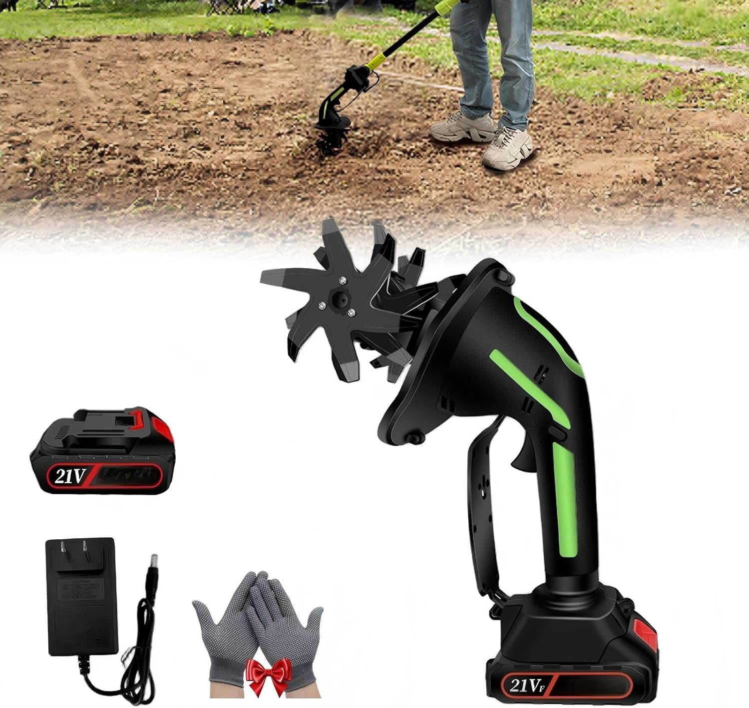 2 in 1 Cordless Tiller and Cultivator with Extension Pole, 20V Lightweight Handheld Battery Tiller Cultivator for Garden, Flower Beds, Weeding, Trenching, Battery Included