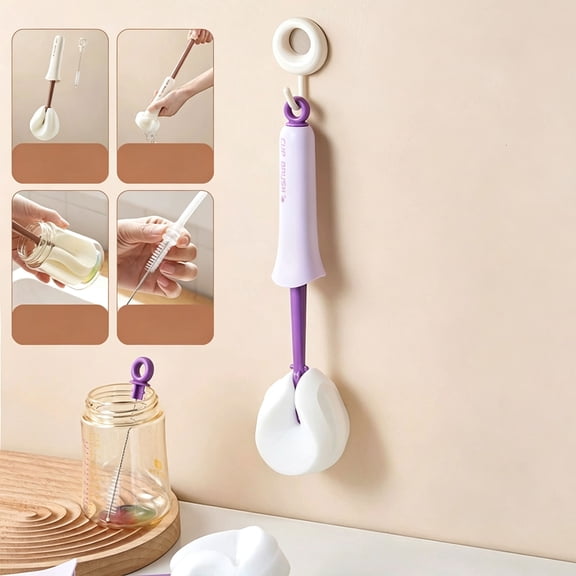 2 in 1 Cup and Bottle Cleaning Brush, Long Handle Sponge Scrubber with Hidden Detail Brush, Deep Reach Cleaner for Mugs Tumblers Flasks Wine Glasses Straws Lids and Narrow Openings