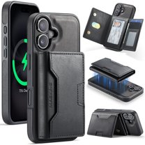 2 In 1 Design for iPhone 17 Detachable Magnetic Wallet Case with Magnetic Snap, RFID Blocking Card / Cash Slots Shock-Absorbent PU Leather Classic Kickstand Rugged Phone Case Cover, Black