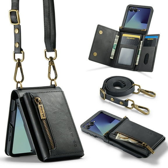 2 in 1 Detachable Back Cover Compatible with Samsung Galaxy Z Flip 7, Wallet Case with Zipper Card Holder RFID BLOCKING Premium PU Leather Pocket Phone Cases for Samsung Galaxy Z Flip 7, Black